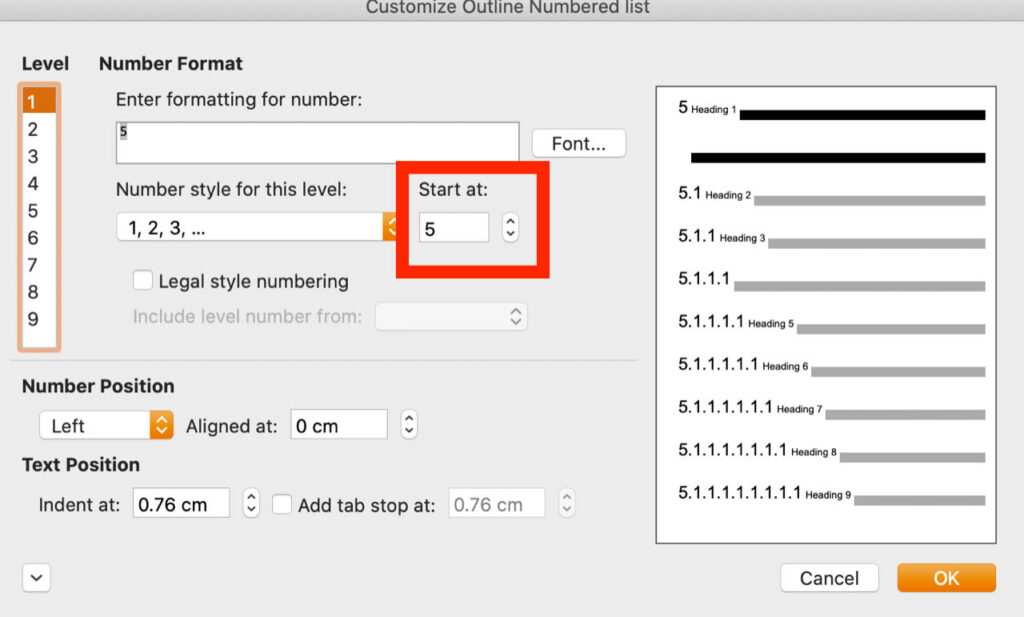 MS Word: How To Change Heading Numbering To Start On A Different Number ...