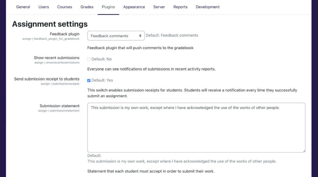 Assignment settings submission statement