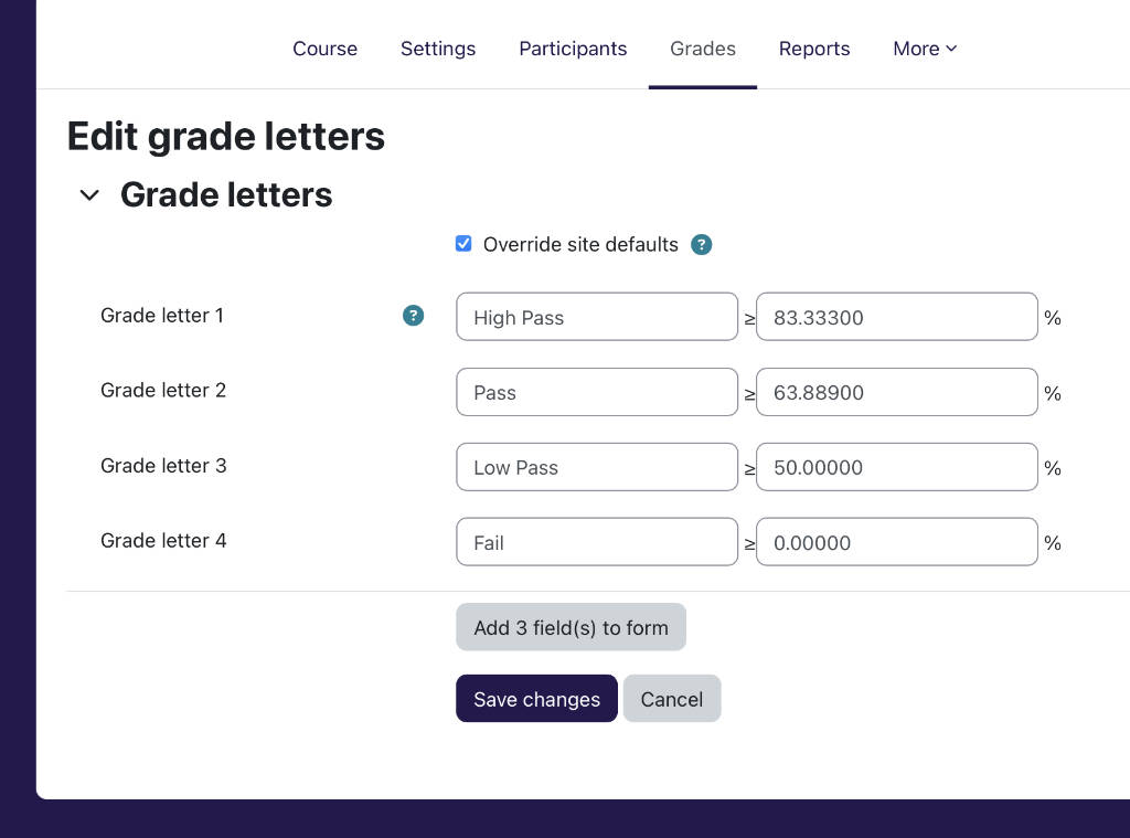 Grade letter override site default